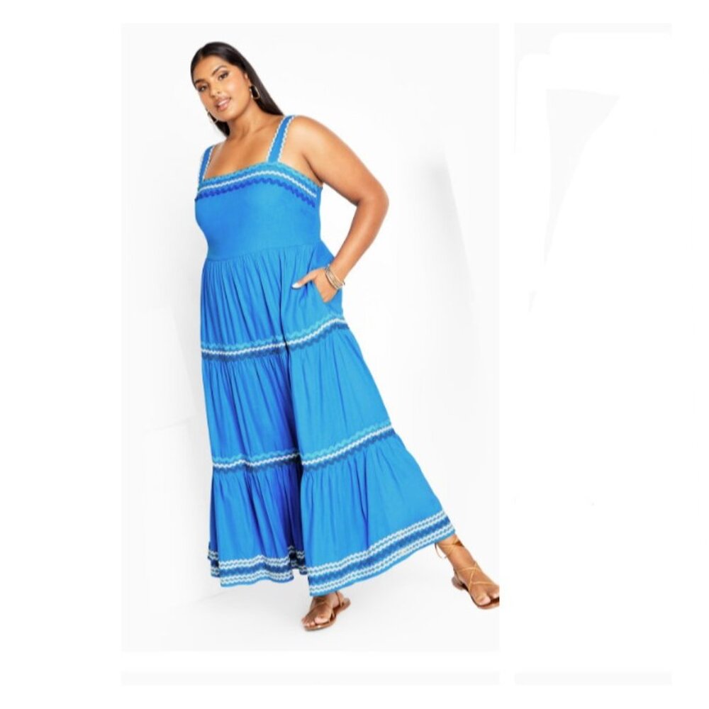 City Chic XXL Dress Paradiso Ice BLue Cottagecore Tier Skirt Folk Whimsy Fairy